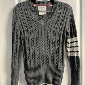Thom Browne Gray Cable Knit V-Neck Sweater